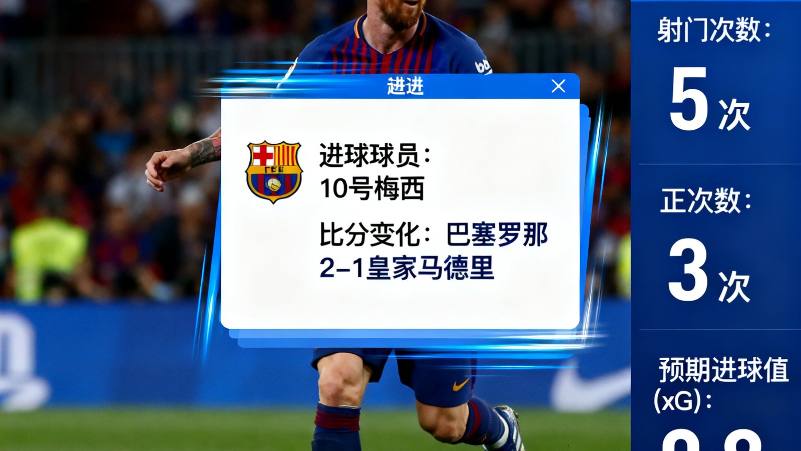闪电比分界面，中央是进球弹窗显示进球球员、比分变化，右侧球员射门数据